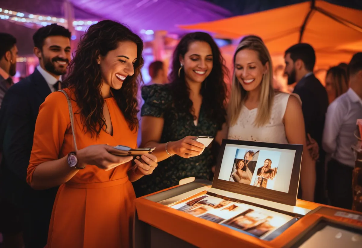 Ilustração gerada por IA de convidados segurando fotos impressas na hora e um celular com QR code em uma festa