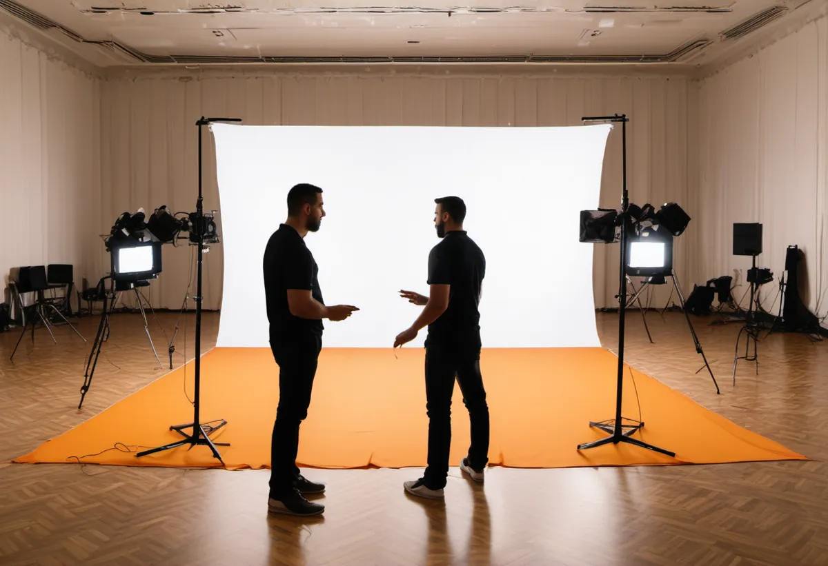 Ilustração gerada por IA de uma equipe montando um totem de fotos em um salão de eventos antes da festa